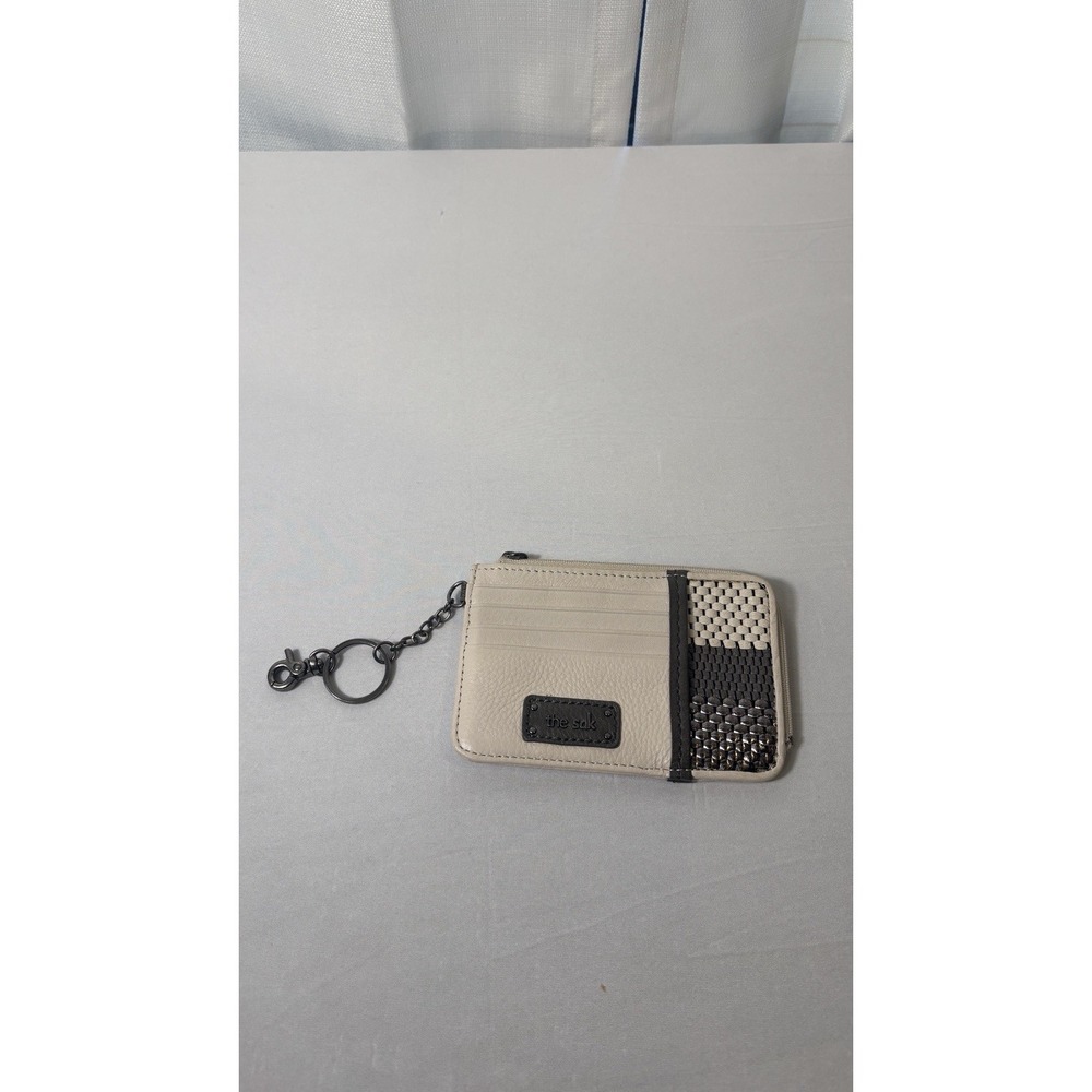 The Sak Iris Card Wallet Ivory Leather Metallic Zip Keychain Credit Card EUC